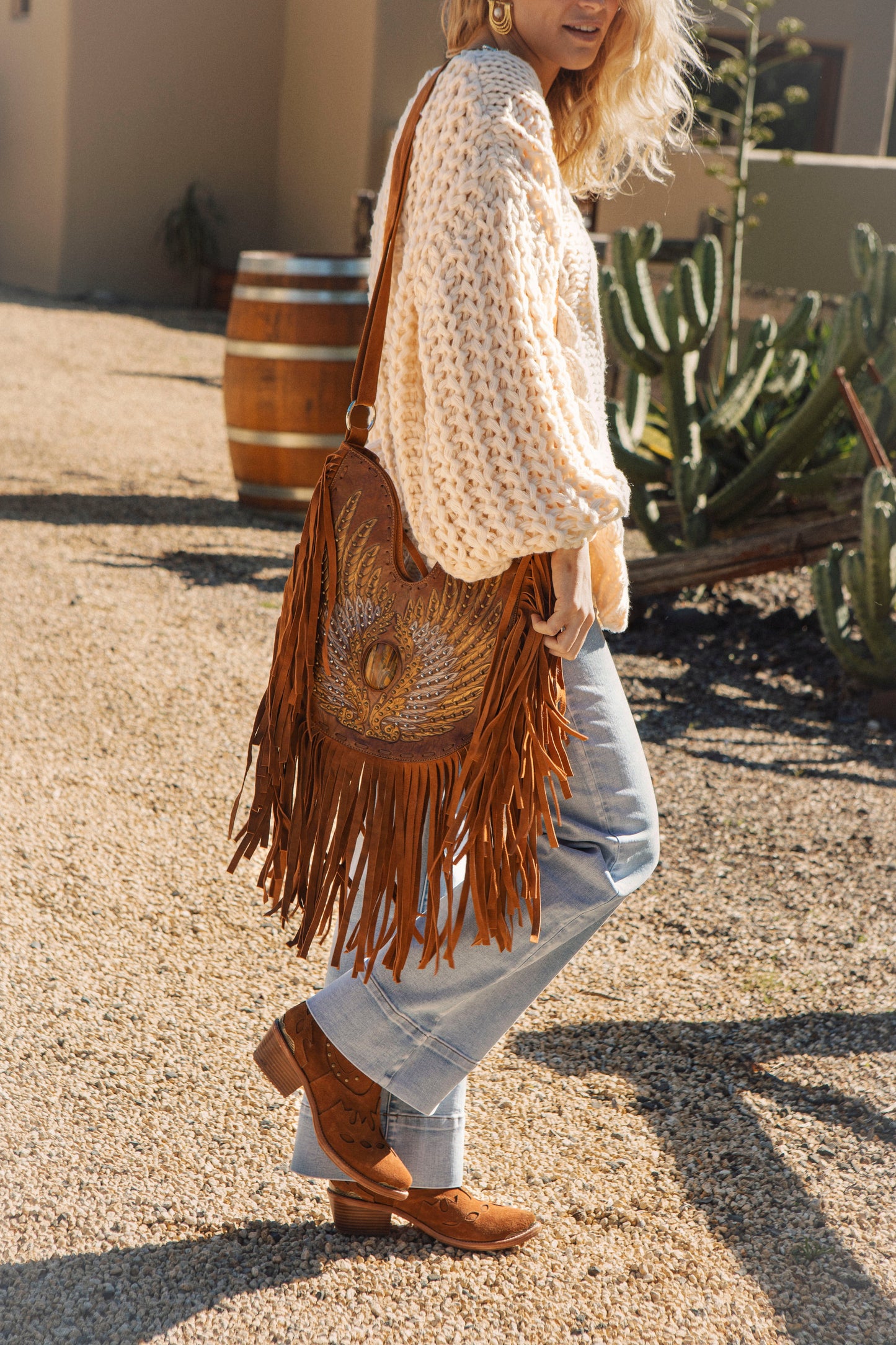 Hand tooled leather Boho Bag with tassels - Jaz Shoulder Bag