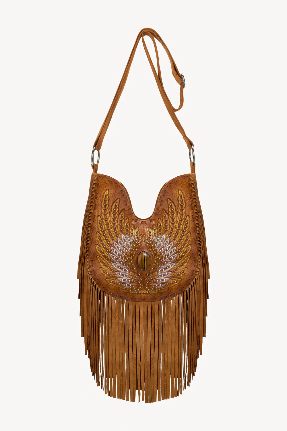 Jaz Shoulder Bag featuring hand tooled leather, tassles and stone amulet