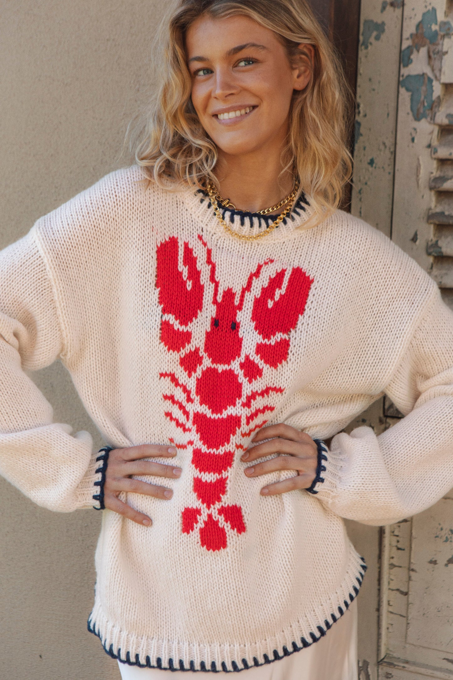 Rock Lobster Sweater - cream coloured sweater featuring lobster motif and contrast stitching