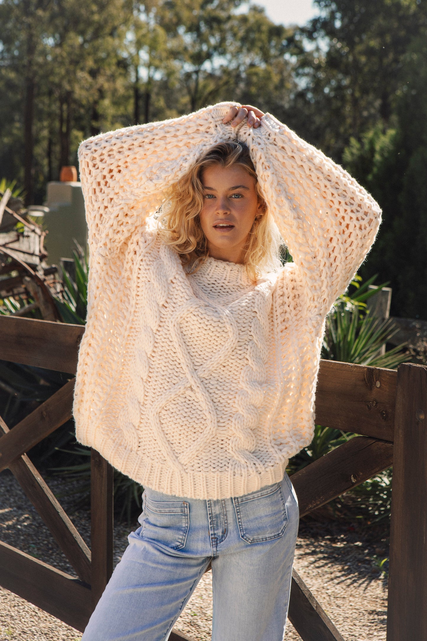 Wildwood Sweater Fawn in cream colourway featuring cable knit