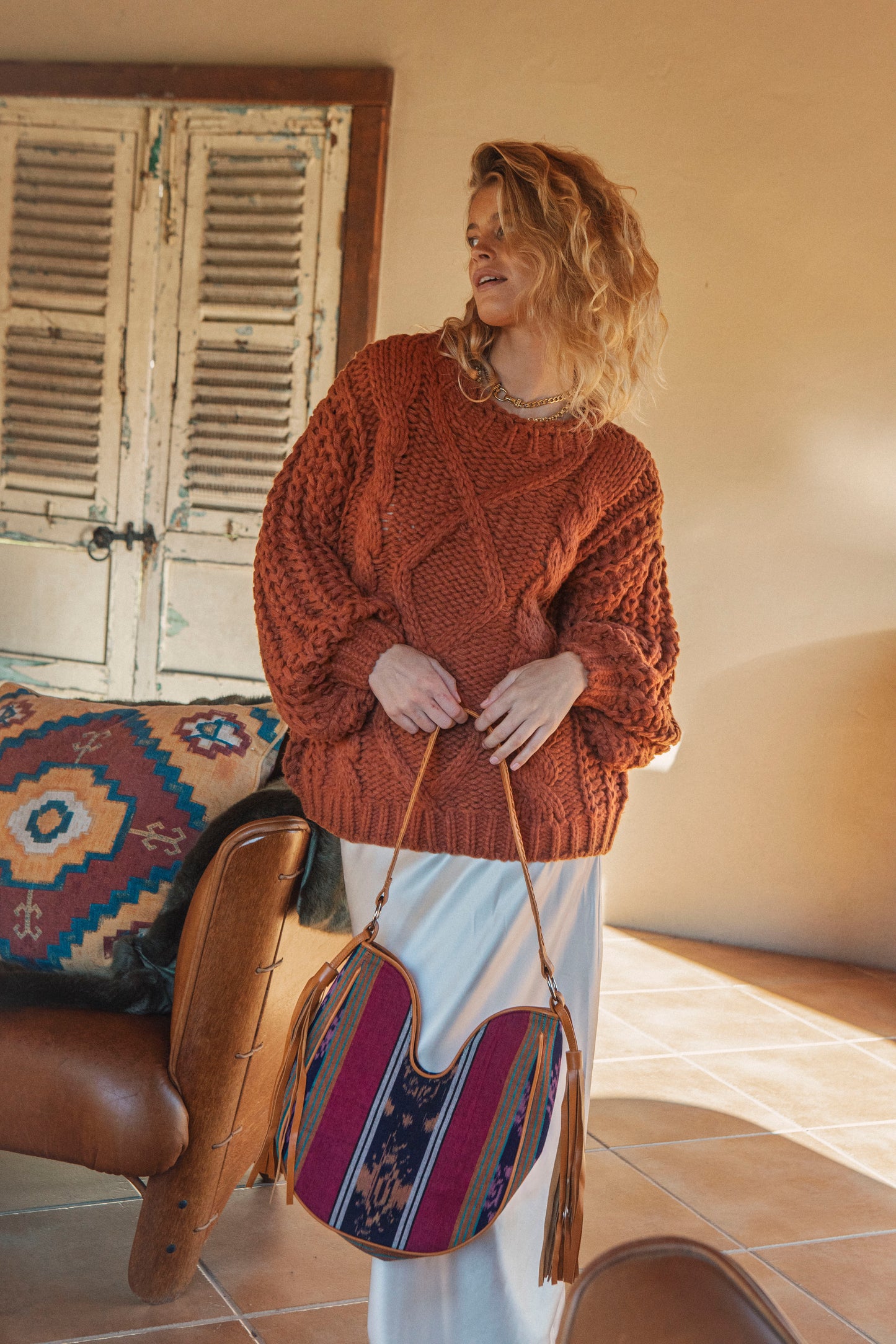 Zanzibar Tassel Bag - hobo style bag featuring rainbow Ikat pattern