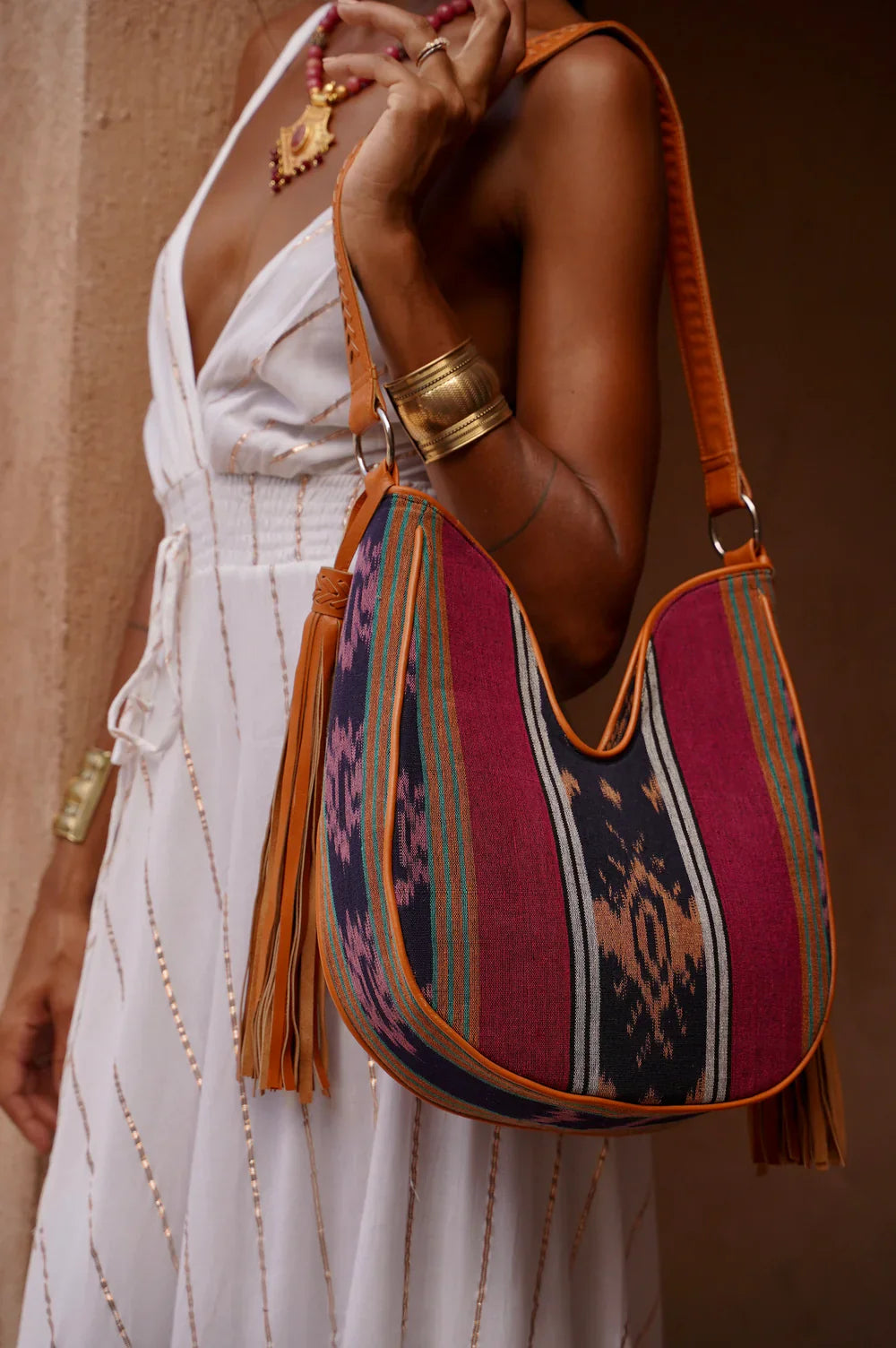 Rainbow Ikat patterned Hobo shoulder bag - Zanzibar Tassel Bag