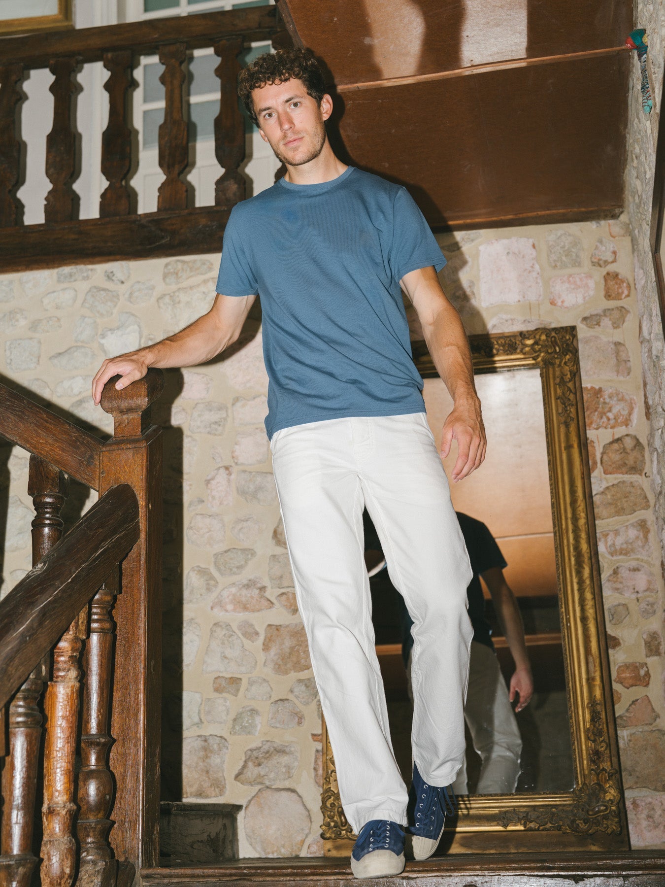 Pétrone T-shirt manches courtes coton bio tencel lyocell bleu céruléen homme#couleur_bleu-céruléen