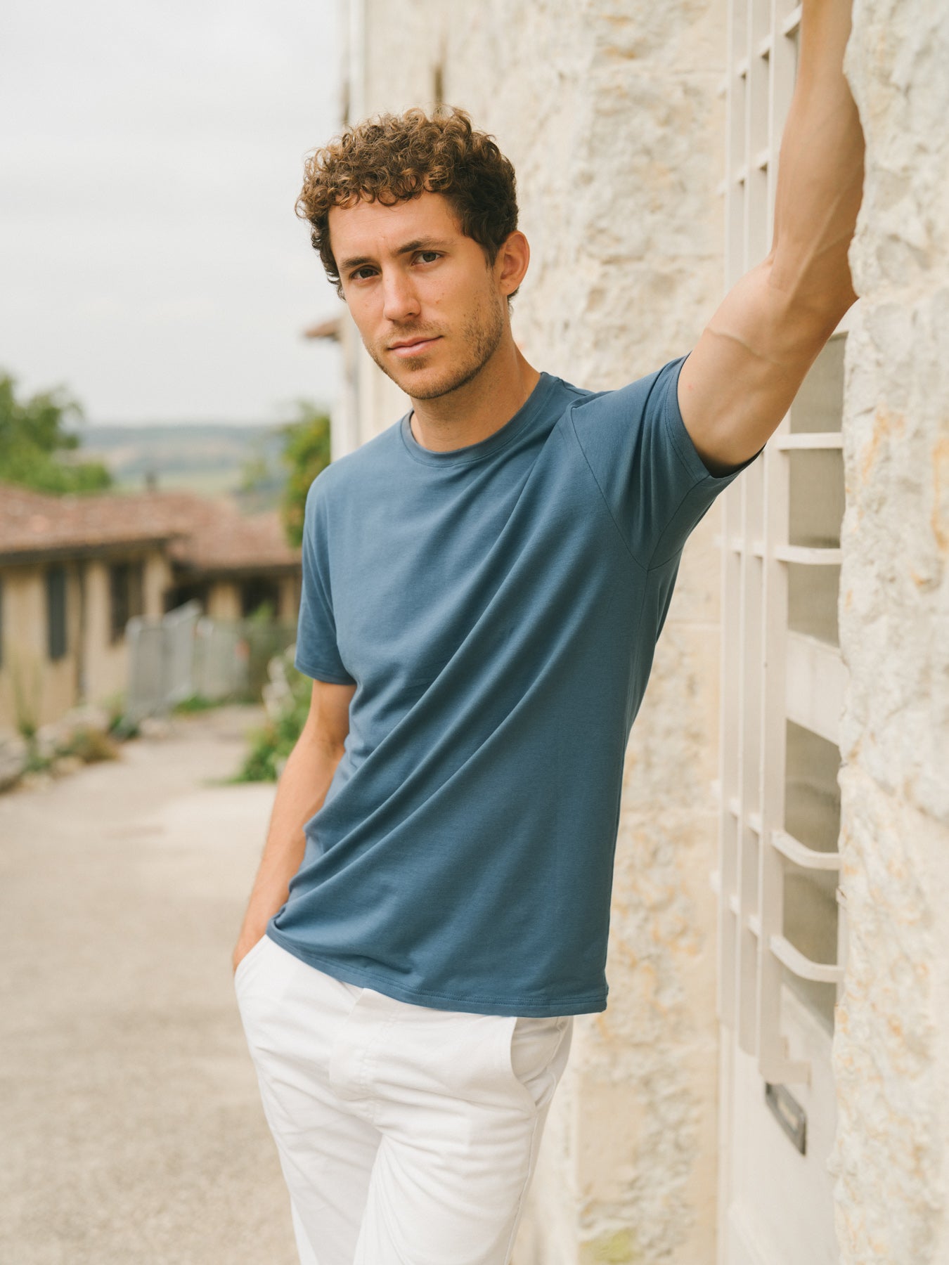 Pétrone T-shirt manches courtes coton bio tencel lyocell bleu céruléen homme#couleur_bleu-céruléen