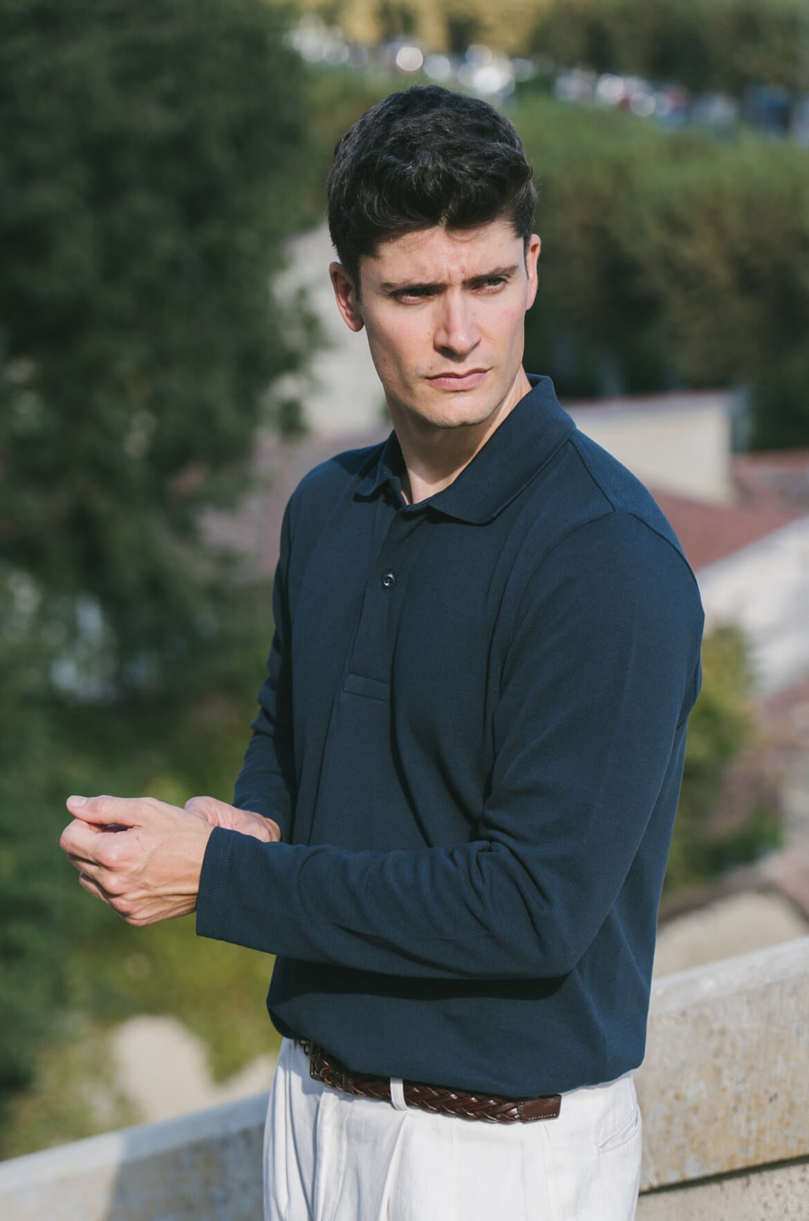 Pétrone Polo manches longues Tencel coton bio bleu marine homme
