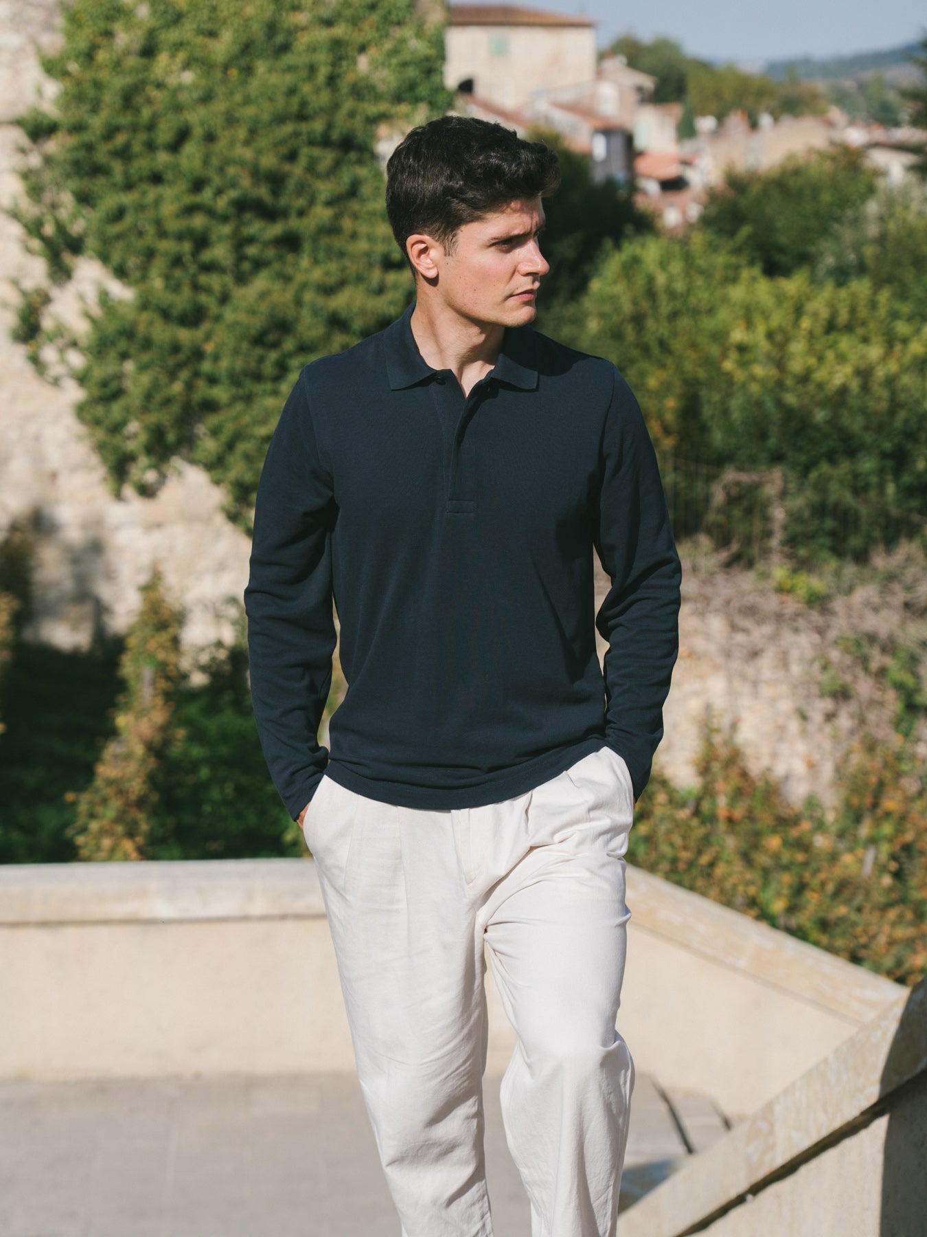 Pétrone Polo manches longues Tencel coton bio bleu marine homme#couleur_bleu-marine