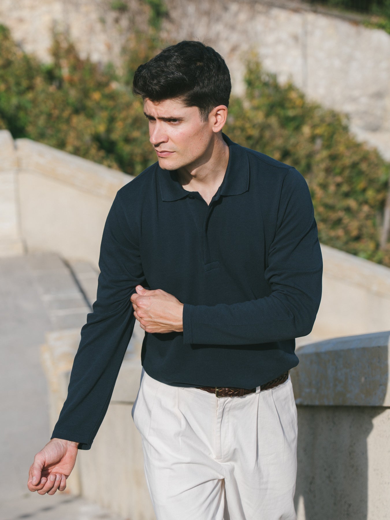 Pétrone Polo manches longues Tencel coton bio bleu marine homme#couleur_bleu-marine