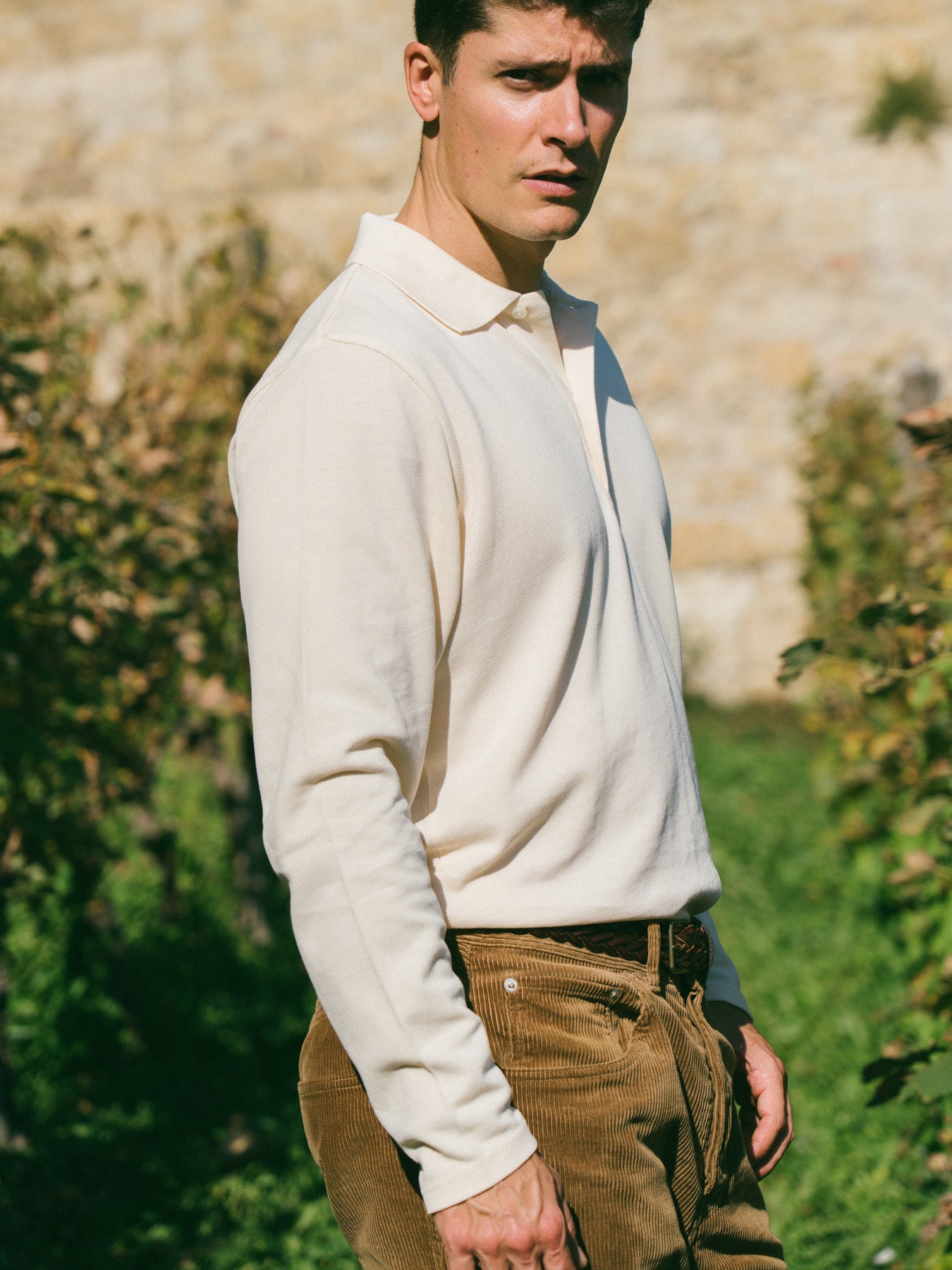 Pétrone Polo manches longues Tencel coton bio écru homme#couleur_écru