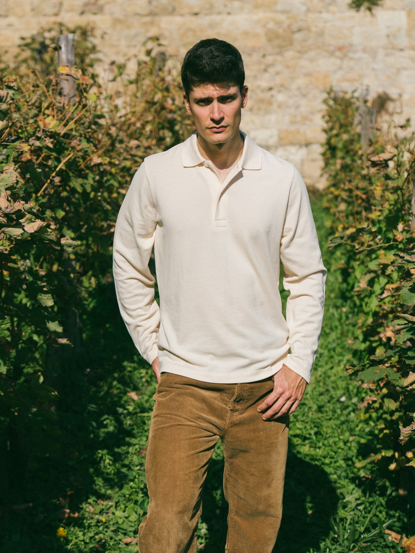 Pétrone Polo manches longues Tencel coton bio écru homme#couleur_écru