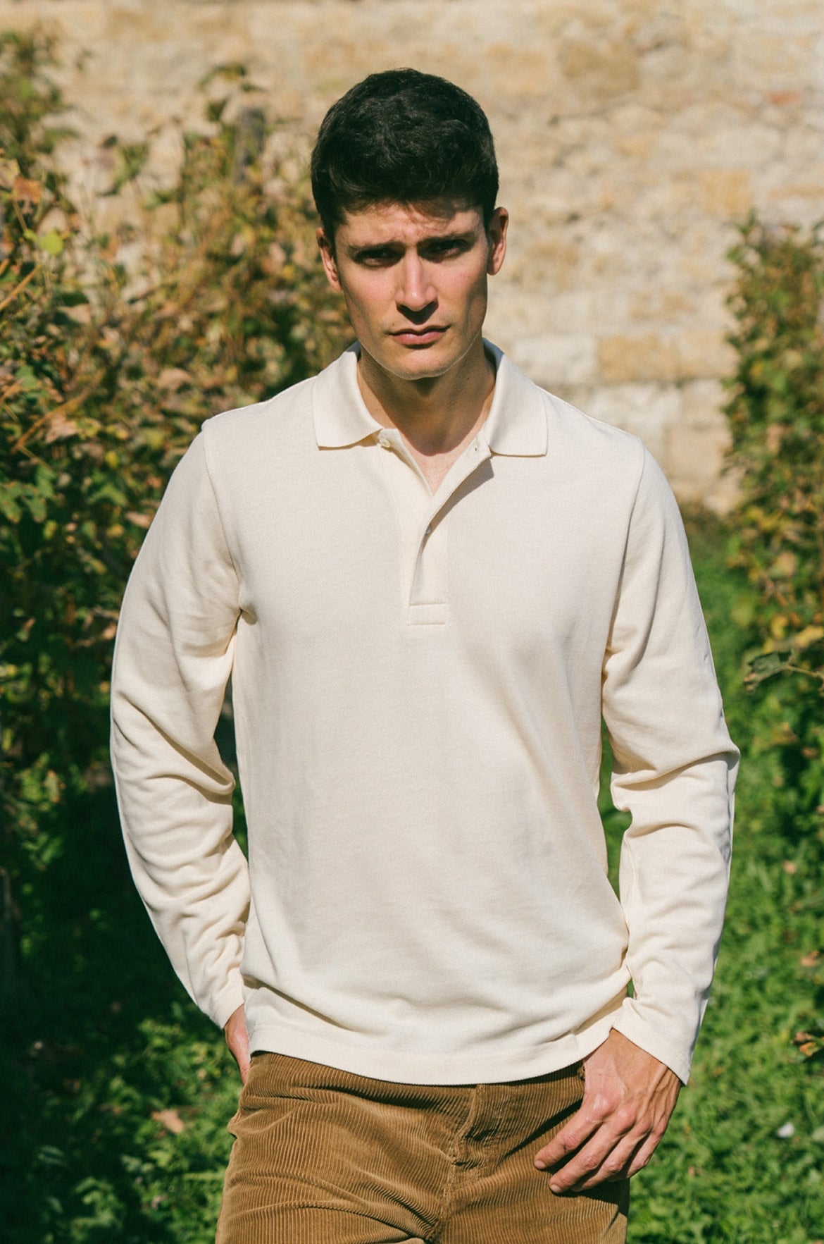 Pétrone Polo manches longues Tencel coton bio écru homme