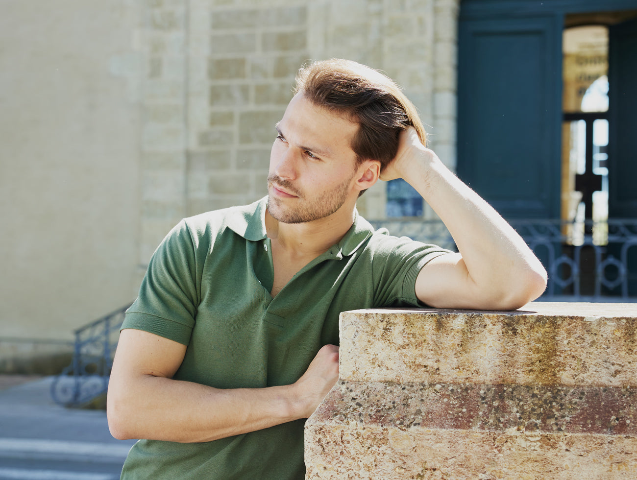 Pétrone Polo manches courtes Tencel coton bio vert kaki homme#couleur_vert-kaki