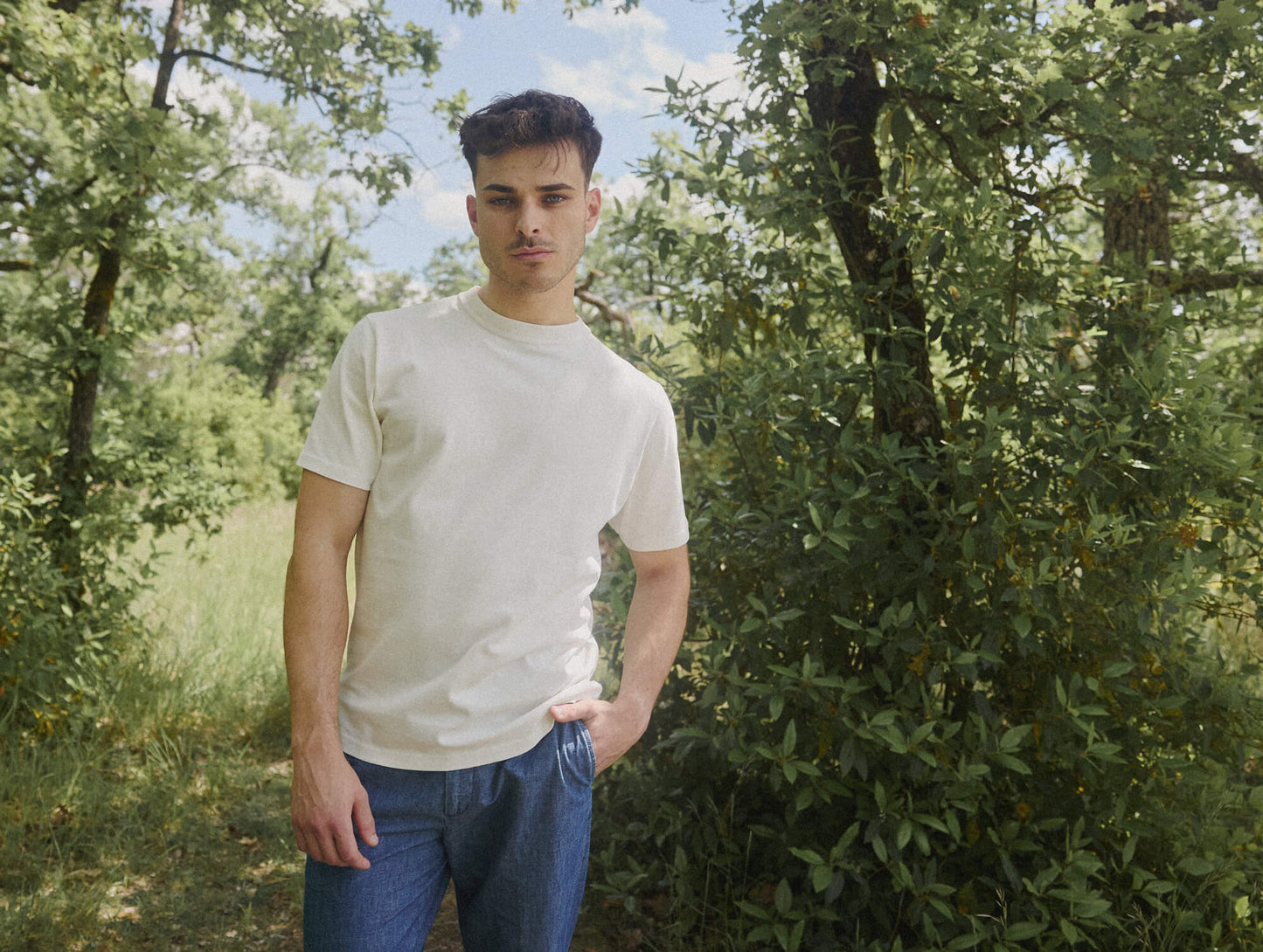 Pétrone T-shirt manches courtes coton bio tencel blanc crème homme#couleur_blanc-crème