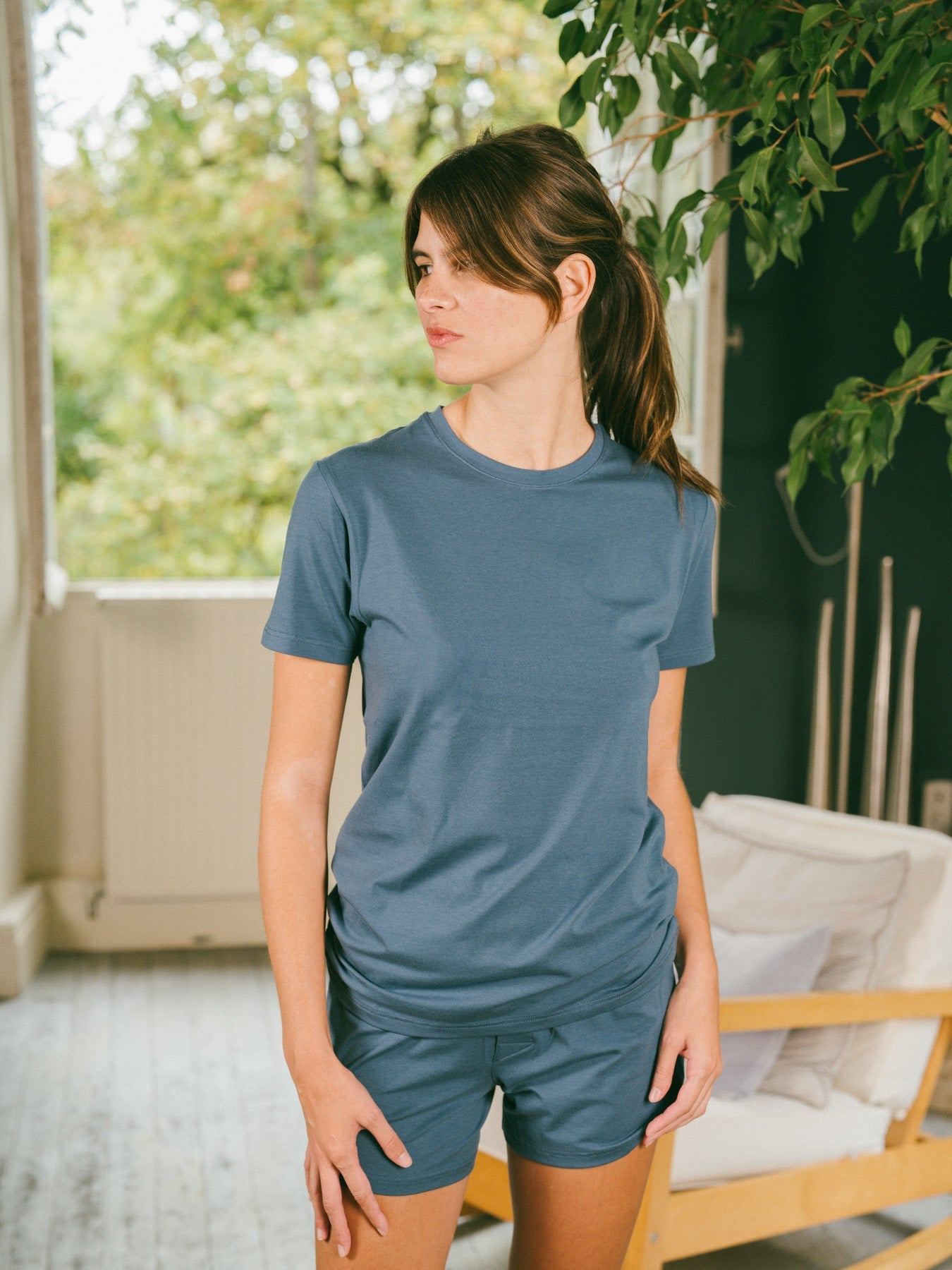 Pétrone T-shirt manches courtes coton pima micromodal bleu céruléen femme#couleur_bleu-céruléen