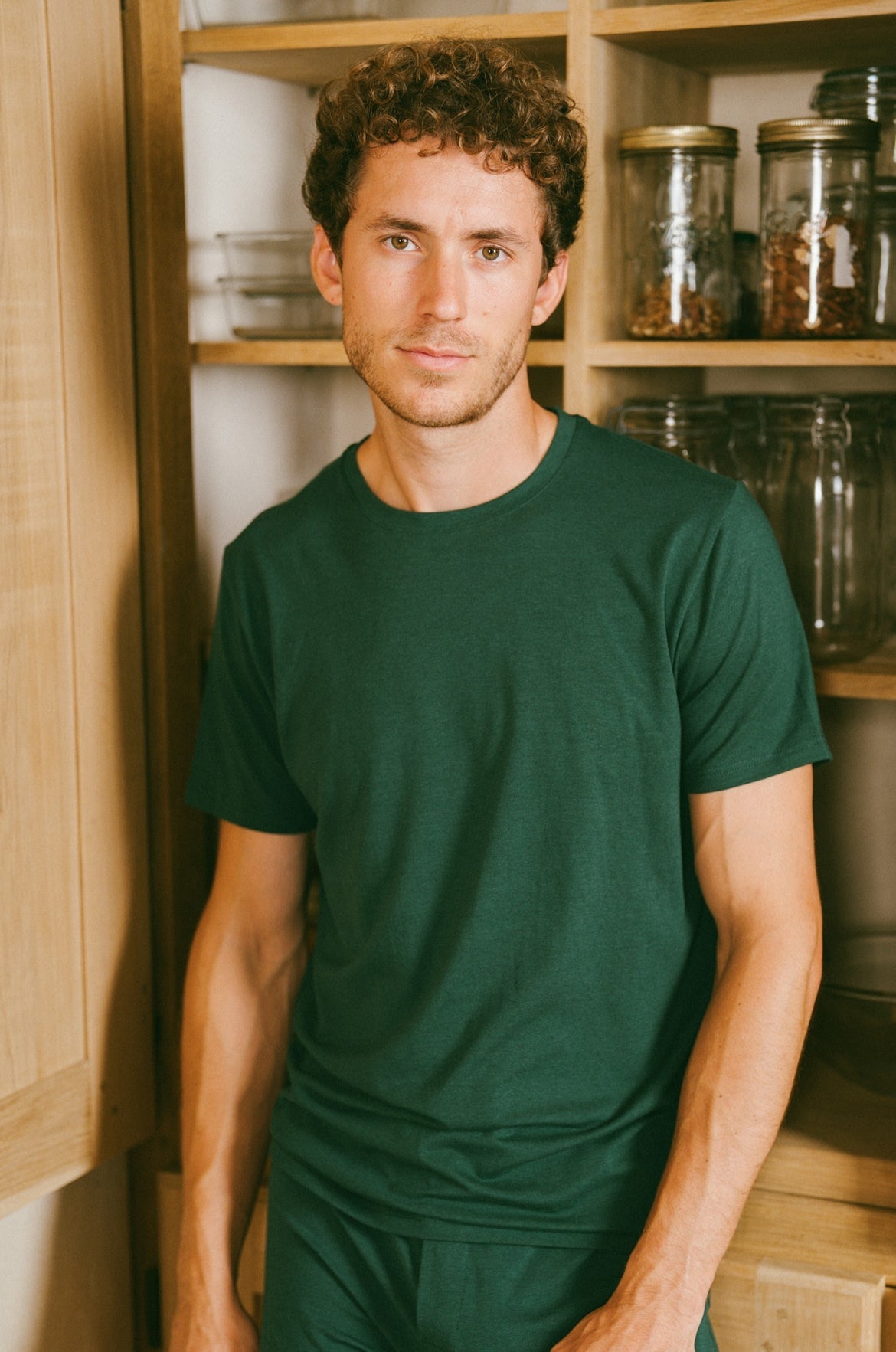 Pétrone Tshirt coton tencel lyocell vert bouteille homme