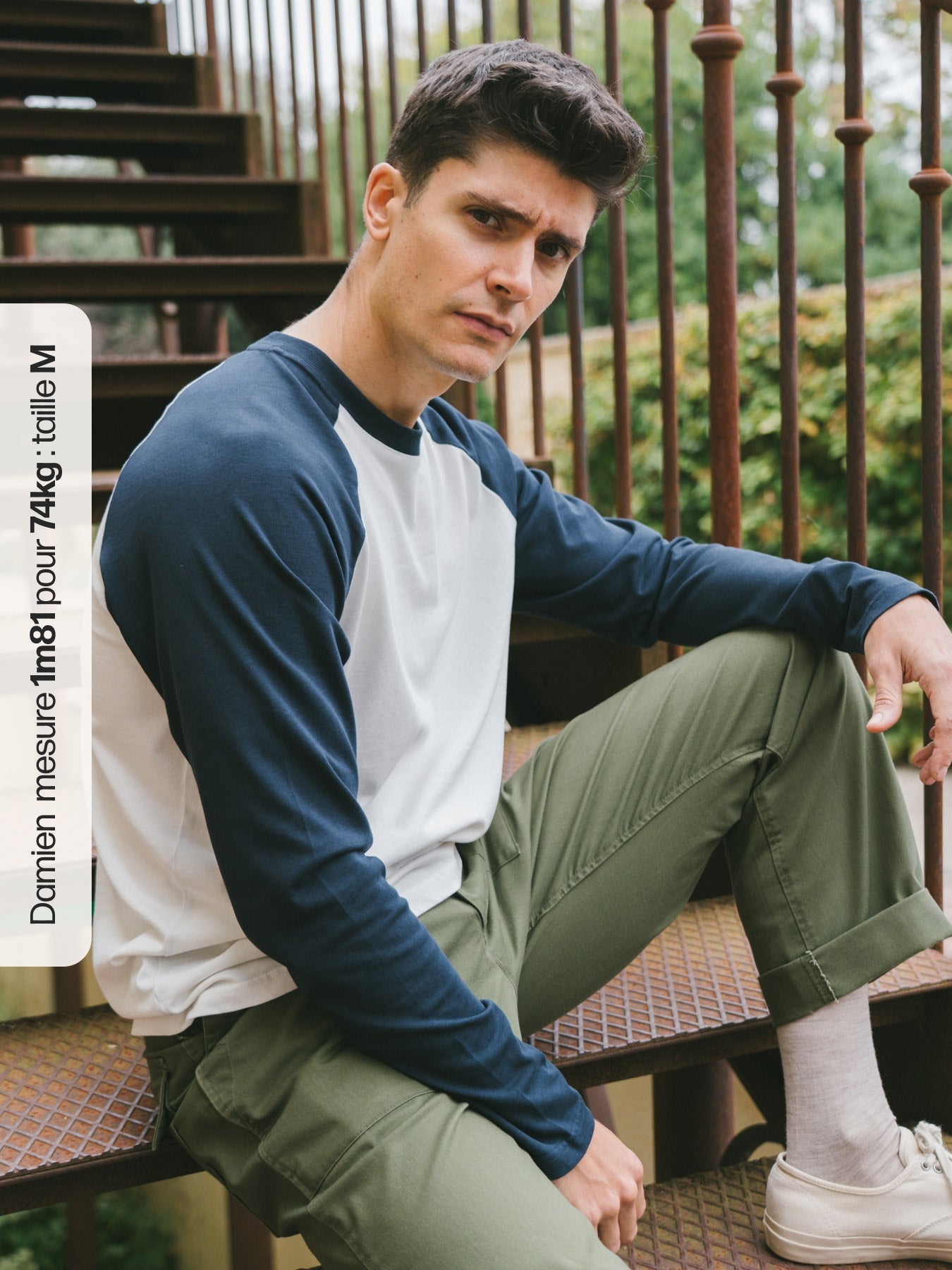 Pétrone T-shirt manches courtes coton bio tencel blanc crème homme#couleur_raglan-blanc-crème---bleu-marine