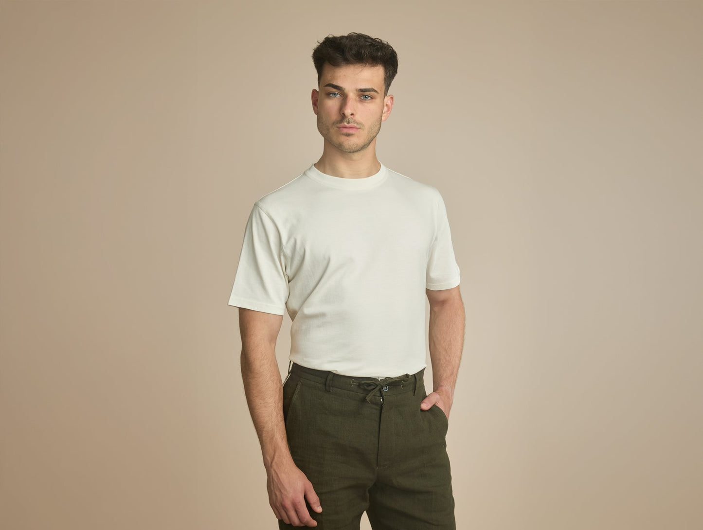 Pétrone T-shirt manches courtes coton bio tencel blanc crème homme#couleur_blanc-crème