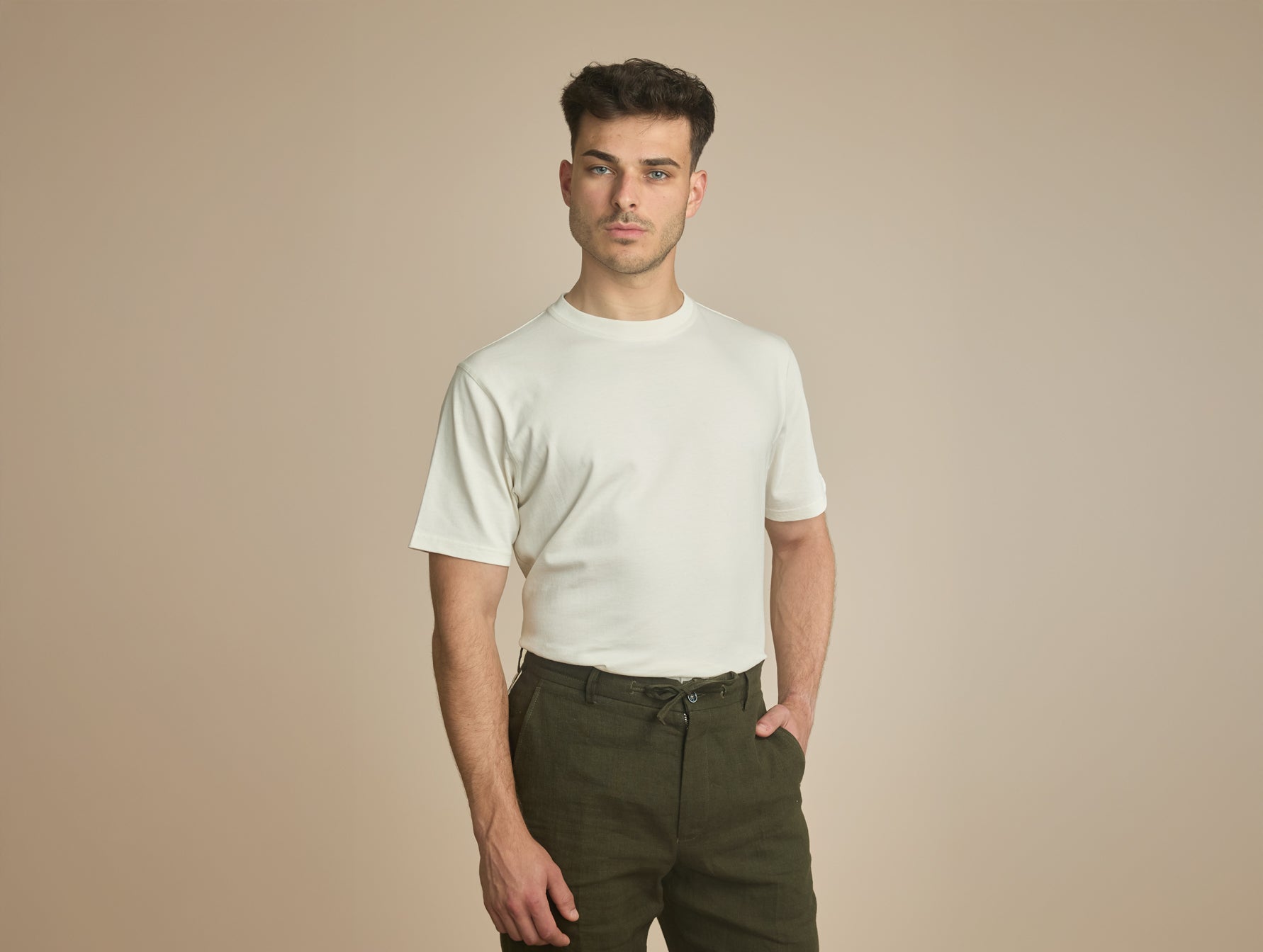 Pétrone T-shirt manches courtes coton bio tencel blanc crème homme#couleur_blanc-crème