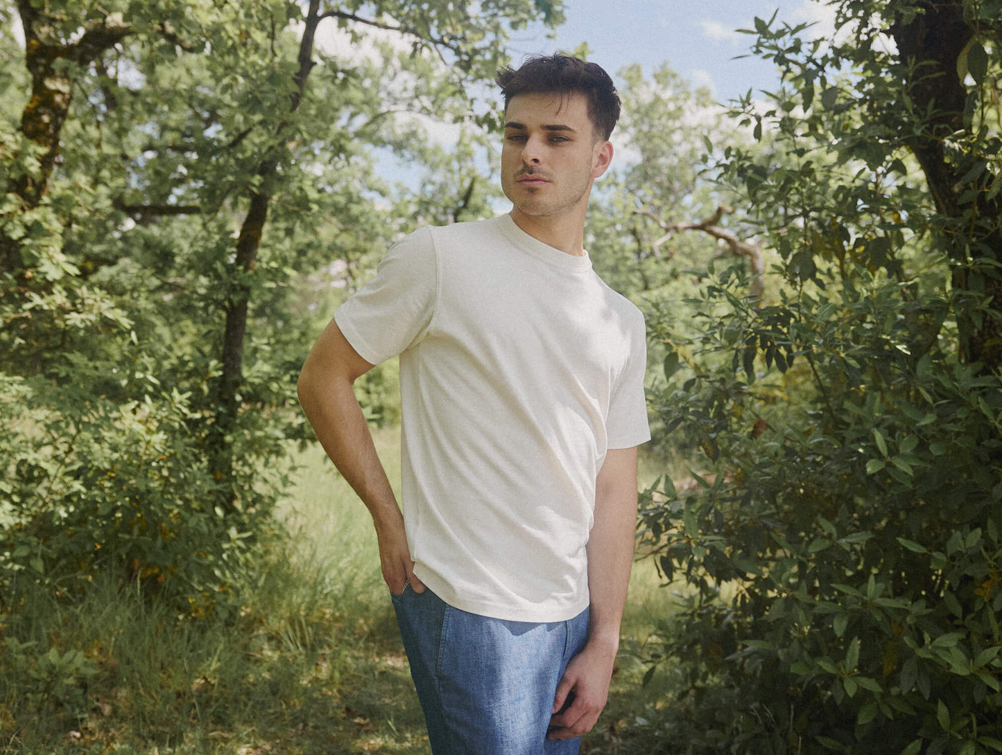 Pétrone T-shirt manches courtes coton bio tencel blanc crème homme#couleur_blanc-crème